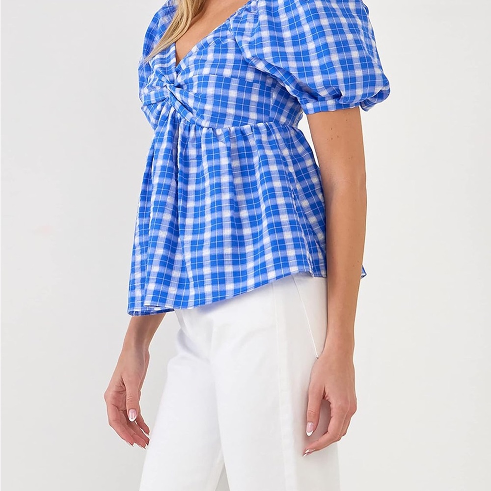 English Factory Women's Blue Gingham Twisted Puff Sleeve Sweetheart Top Small